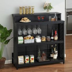 4 Tier Home Bar Unit, 43" Liquor Bar Table with Adjustable RGB LED Color Lights, Mini Bar Cabinet