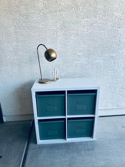 IKEA KALLAX with rare baskets White 4-Cube Storage Shelf with Teal Bins