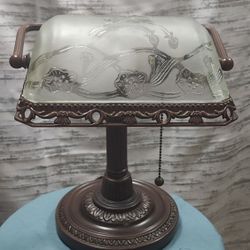 Vtg Bronze Bankers Lamp With Etched Frosted Shade 