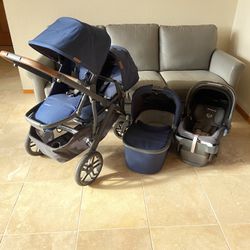 Uppababy Vista V2 Double Stroller with Car Seat and Bassinet Blue 