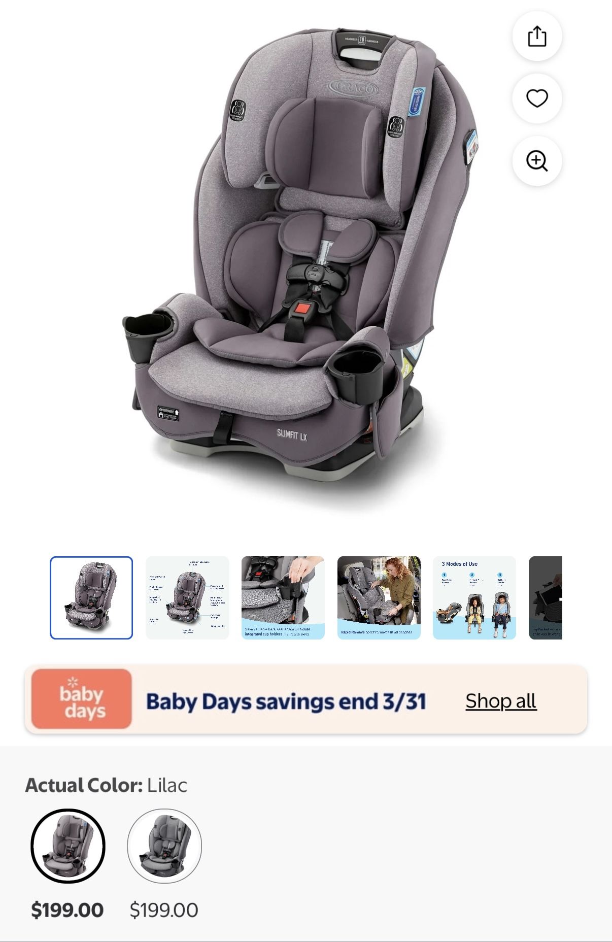 Graco SlimFit LX 3-in-1 Convertible Car Seat, Lilac - nEW