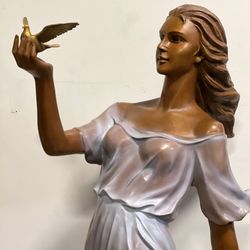 Life Size Lady With Bird Bronze Sculptures 