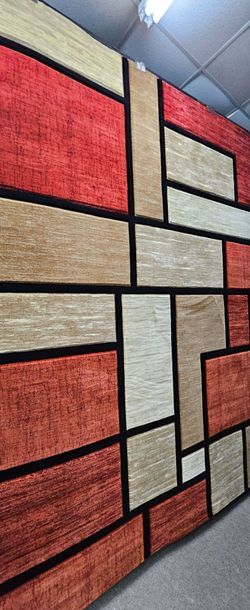 Large Area Rug Red Beige Block Pattern