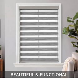 Cordless Zebra Blinds for Windows (Pro), 34" W x 75" H, Gray Dual Layer Light Control Zebra Shades, Light-Proof