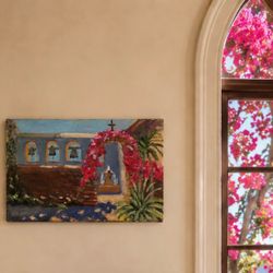 Original Kitsch Fine Art Vintage Bougainvillea Prayer Garden Painting 12” Canvas Mixed Media Expressionism Collectible Hillcrest / University Heights