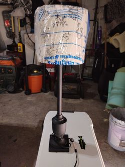 Black lamp with black and white flowers shade