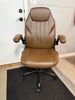 Brand New Brown Vegan Leather Tall Back Ergonomic Office Chair w/Flip Up Arms & Adj Lumbar