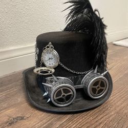 Festival Steampunk Top hat. Black With Goggles. Feather. One Size