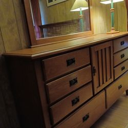 Mission Oak queen bedframe and Dresser with Mirror