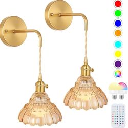 2 Battery Operated Wall Sconces Amber Gold Rechargeable Wireless Lights Dimmable Bedroom Vintage 