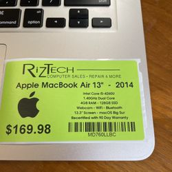Apple MacBook Air 13" 2014 Intel Core i5-4260U 1.40GHz Dual Core 4GB RAM 128GB SSD Big Sur