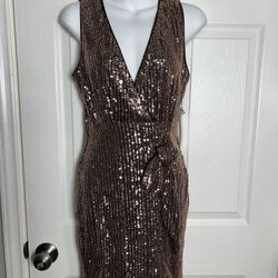 Gold & Black Sequined Cocktail Length Dress