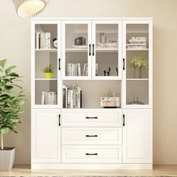 KULAGAGA Large Bookcase Display Cabinet with Glass Door, 6-Door Kitchen Pantry Storage Cabinet with 3 Drawers and Open Shelf for Living Room, White