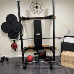 Home Gym- Folding Rack/Bumper Plates/Weights 