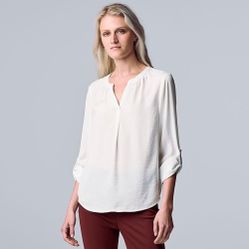 Simply Vera Vera Wang Womens XL Popover Blouse Roll Tab Sleeve White V-Neck