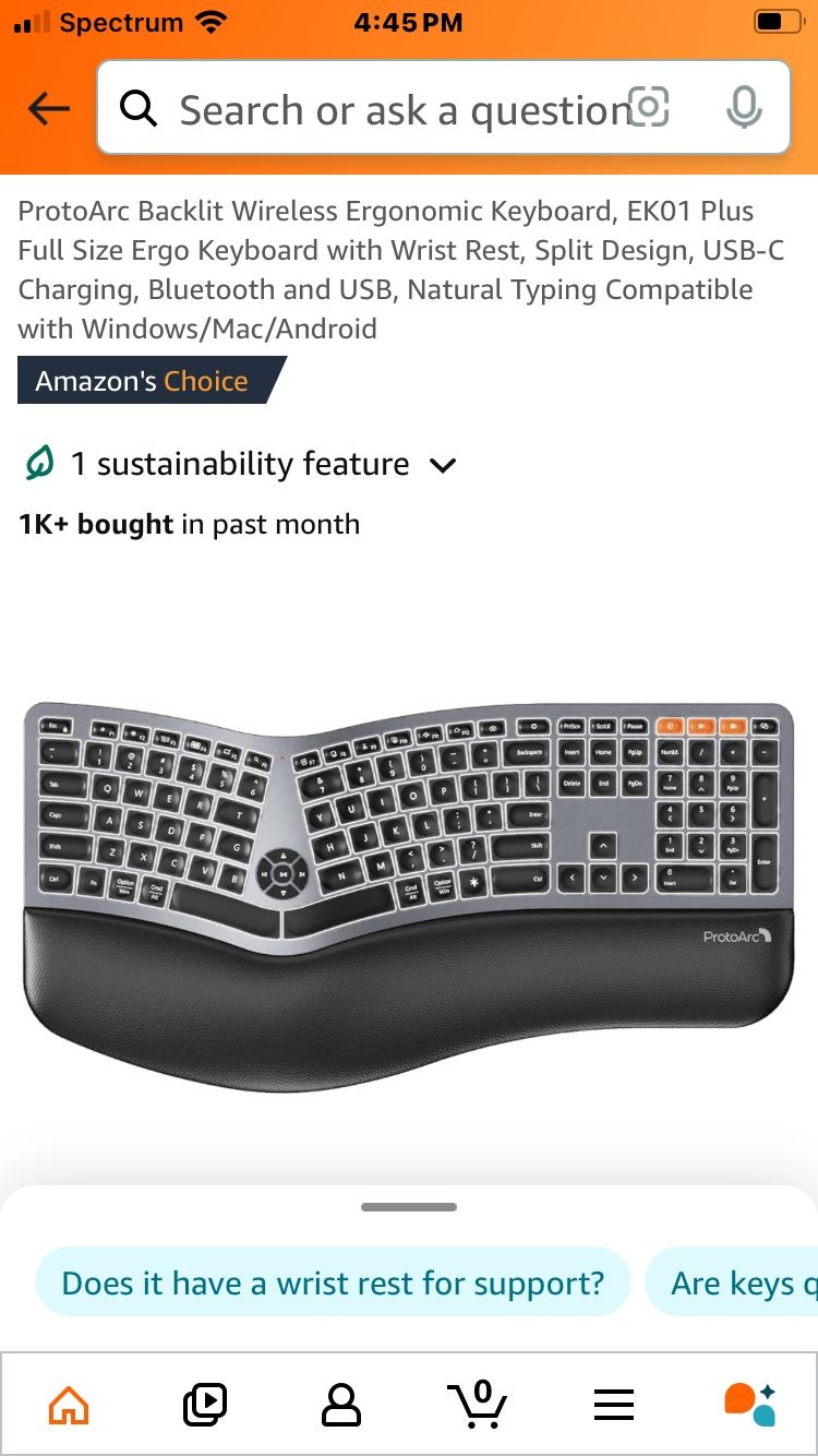 ProtoArc Backlit Wireless Ergonomic Keyboard