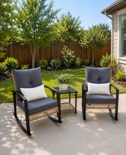 3 Piece Patio Rocking Chairs Set of 2, Outdoor Rocking Chair Bistro Set with Tempered Glass Coffee Table and Thick Lumbar Pillow Set, Front Porch Chai