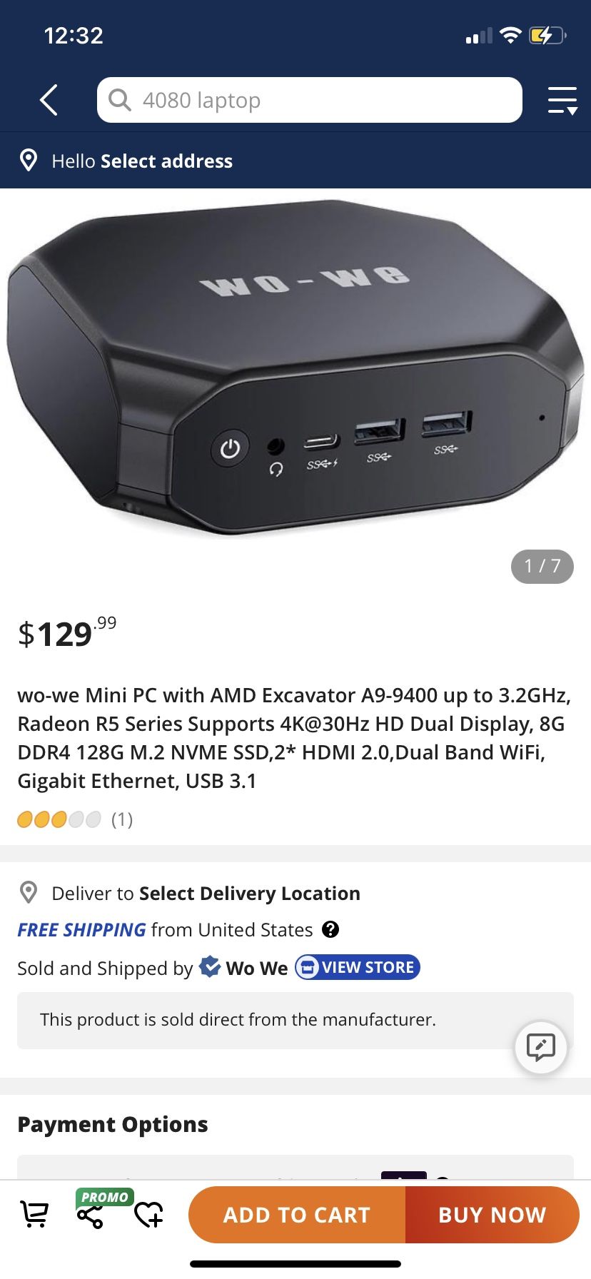 wo-we Mini PC with AMD Excavator A9-9400 up to 3.2GHz, Radeon R5 Series Supports 4K@30Hz HD Dual Display, 8G DDR4 128G M.2 NVME SSD,2* HDMI 2.0,Dual B