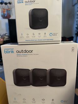 Blink outdoor battery powered security cameras three camera system plus additional one add on camera making for cameras altogether