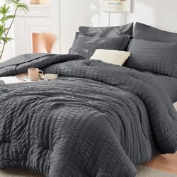 HYMOKEGE Full Size Comforter Sets Seersucker 7 Pieces, All Season Luxury