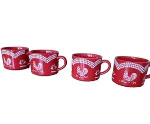 TEMPTATIONS Doodle Doo Rooster 14oz Red/White Ceramic Mug Set of 4 Safe
