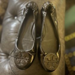 Tory Burch Black Patent Leather Ballet Flats, Excellent Condition 