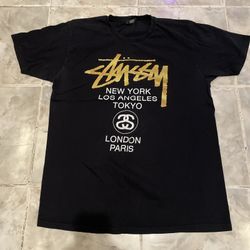Stussy World Tour Tee Shirt Black Mens Size L Double Sided Logo