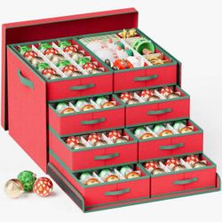 Christmas Ornament Storage Box, 144 Slots with 8 Removable Trays, Red