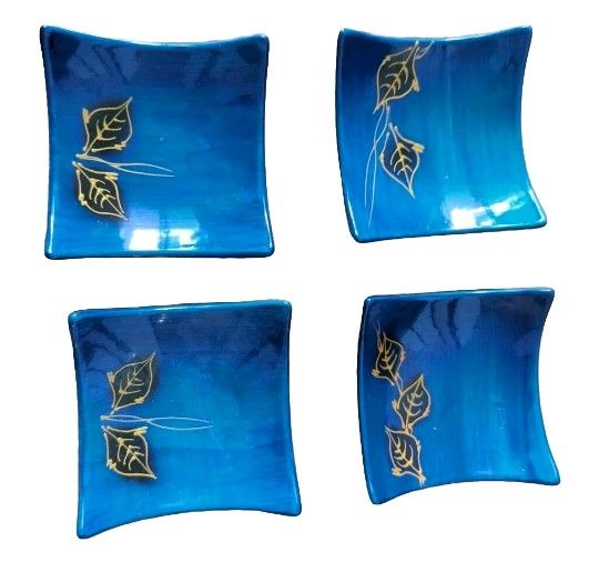 Small Blue 4.75 Inch Square Candy Dish Tray Plate Bowl Made In Poland SET OF 4