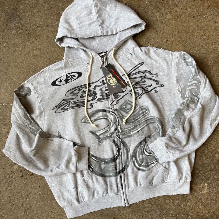 Hellstar Hoodie Chrome Grey Hearts Zip Up Graffiti Number 11 Hooded Jacket Denim Jeans Tears Coat Small S Medium M Large L XL