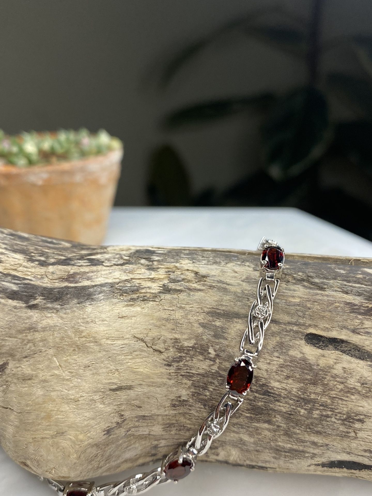 Real 10kt White Gold Garnet & Diamond Bracelet