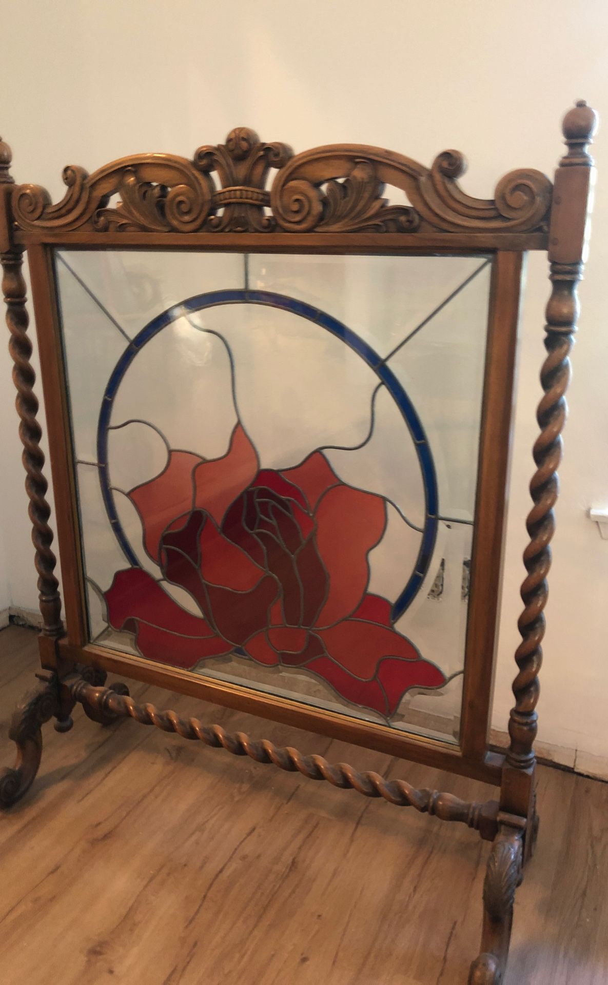 Antique Wood Carved Stained Glass Fire Screen