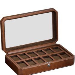 12 Slot Leather Watch Box - Luxury Watch Case Display Organizer, Microsuede Liner, Locking Mens Jewelry Watches Holder, Men's Storage Boxes Holder Lar