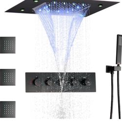 14 X 20 Inch Ceiling LED Rain Shower Head With Body Jets Large Luxury Rainfall Shower System Thermostatic Mixer Set Kit Included (Oil Rubbed Bronze)