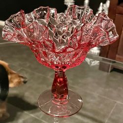 Fenton Pink Glass Compote Candy Dish Thumbprint Crimped Colonial Footed