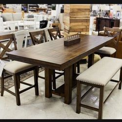 Extension Rectangular Natural Brown Counter Height Dining Table,Bar Stools And Bench 🥂Kitchen/Dining Set💥New Brand💎 Financing Options 🤩 On Display