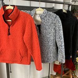 1 Red Faux Sheepskin Sweatshirt, 1 Black Faux Fur Sweatshirt, And 1 Dark And Light Blue Tweed Faux Sheepskin Sweatshirt With Pockets