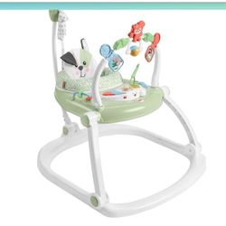 Fisher-Price Baby Bouncer SpaceSaver Jumperoo Activity Center with Lights Sounds and Folding Frame, Puppy Perfection