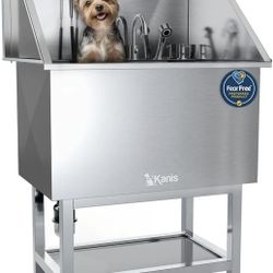 KANIS Professional Stainless Steel Dog Bathing Station - Grooming Tub with Storage Shelf, Floor Grate & Faucet/Dog Bathtub for Large, Medium & Small P