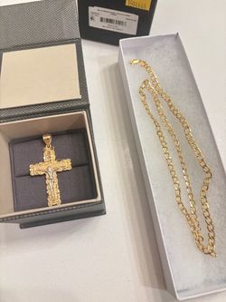 (Scrap Price) Gold 10k Nugget Crucifix Cross Pendant with 10K Gold Cuban Link Chain