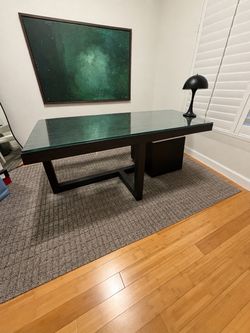 Modern Black Oak Wooden Desk with Glass Top and Matching Drawer