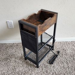 Rustic Style Style Metal and Wooden Narrow Side Table/Nightstand with Shelves, Storage Compartment and Charging Station