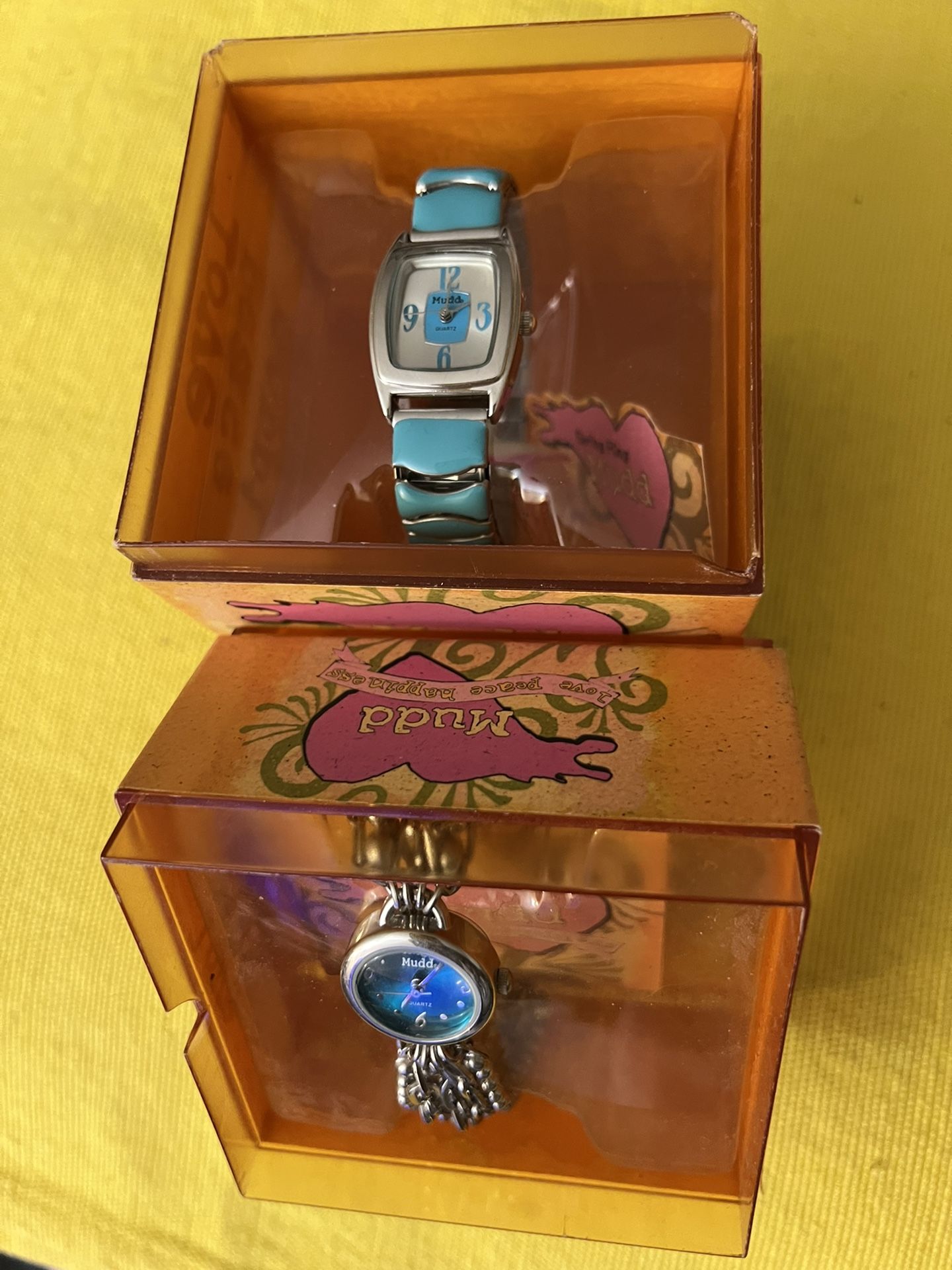 (2) Vintage Mudd Love Peace Happiness Wrist Watches NOS