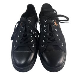 Unisex Black Canvas Low-Top Sneakers, Graphic Print, Men’s US 8.5/Women’s US 10