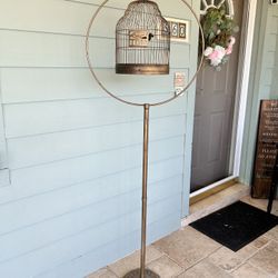 Antique 1920s Crown Gold Wire Bird Cage Art Deco Ring Floor Stand Cast Iron Base