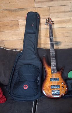 Ibanez SR405EQM Quilted Maple 5-String Electric Bass Guitar Dragon Eye Burst with Road Runner RR4TEB Boulevard II Electric Bass Gig Case