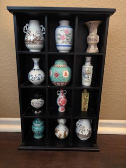 Miniature Chinese Porcelain Vase Collection with Display Shelf