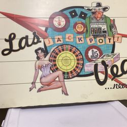 Large Heavy Wood Las Vegas …never Sleeps ! Sign W/2 Hangers On Back For Hanging