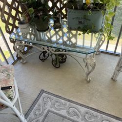 Beautiful Wrought Iron And Beveled Glass Table And Antique Phone