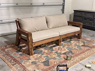 Rustic Solid Wood Sofa with Beige Cushions